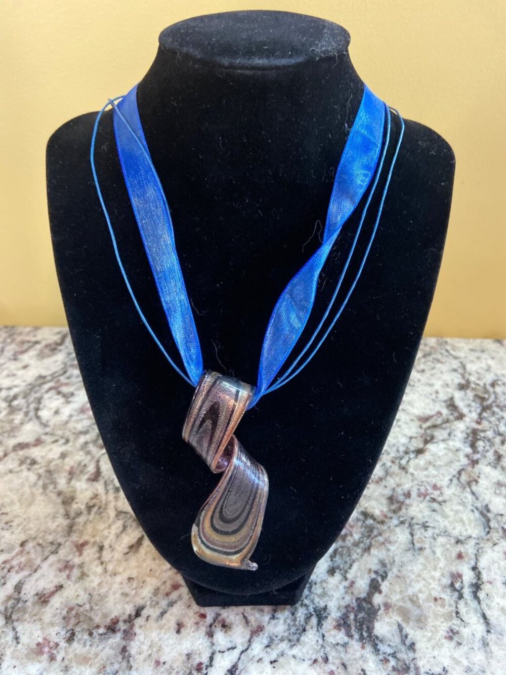 Art Glass Pendant Necklace Purple Gold Blue Organza Ribbon Boho Y2K Statement